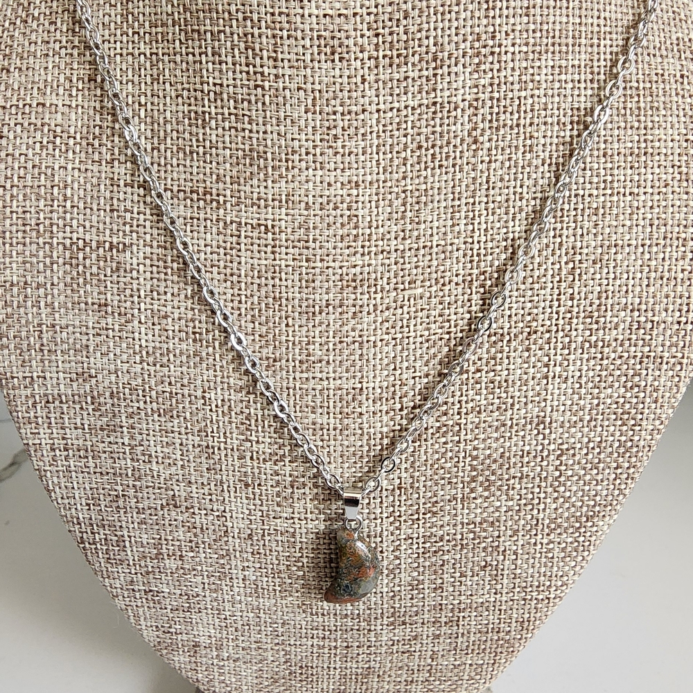 Unakite Crescent Moon Pendant Polished Gemstone Stainless Steel 18" Necklace 🌒